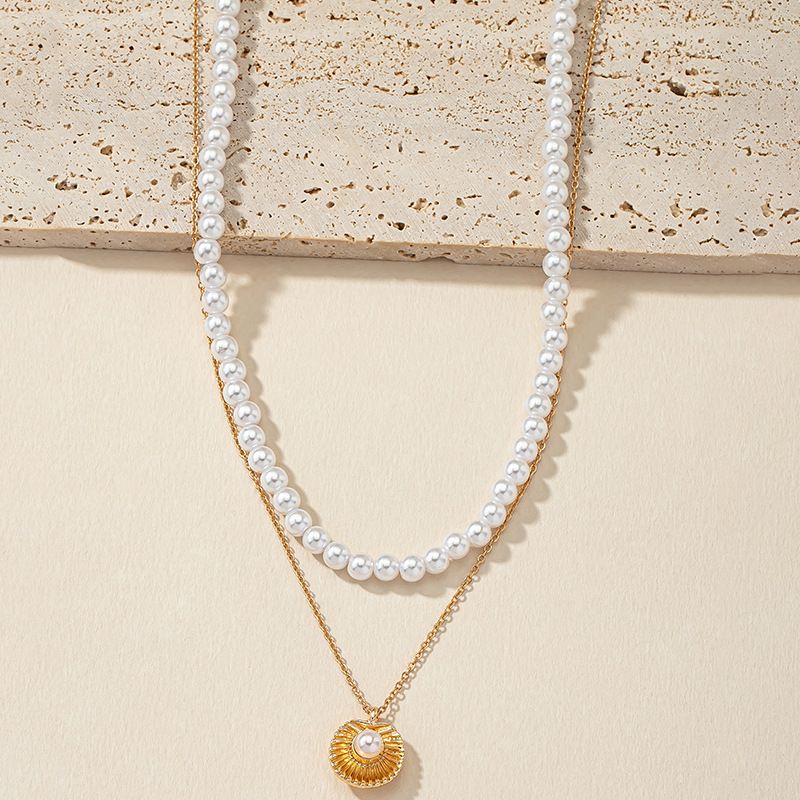 Retro Geometric Alloy Beaded Artificial Pearls Layered Necklaces