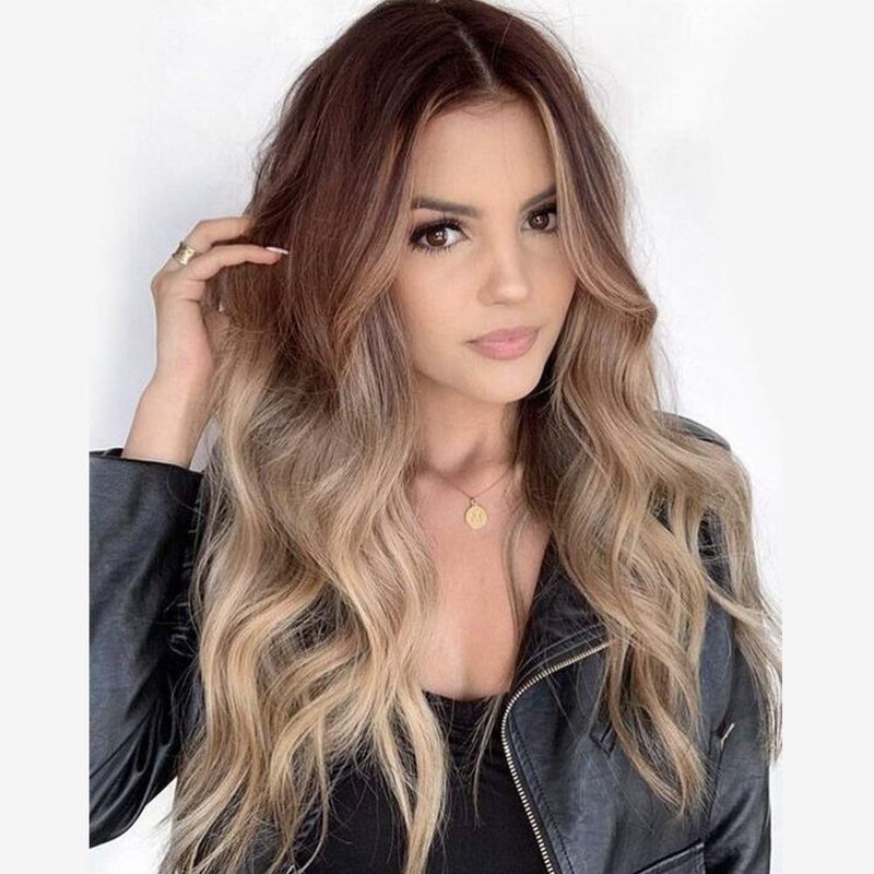 Synthetic Wig Long Mid Part Gradient Brown Wavy Wig
