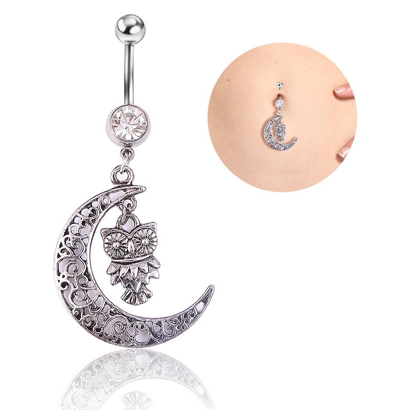 Fashion Moon Owl Stainless Steel Diamond Rhinestone Belly Ring