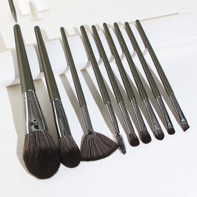 Simple 9-piece Dark Green Wooden Handle Makeup Brushes  Set