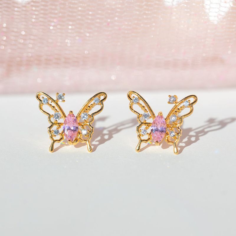 Sweet Insect Butterfly Brass Artificial Rhinestones Ear Studs