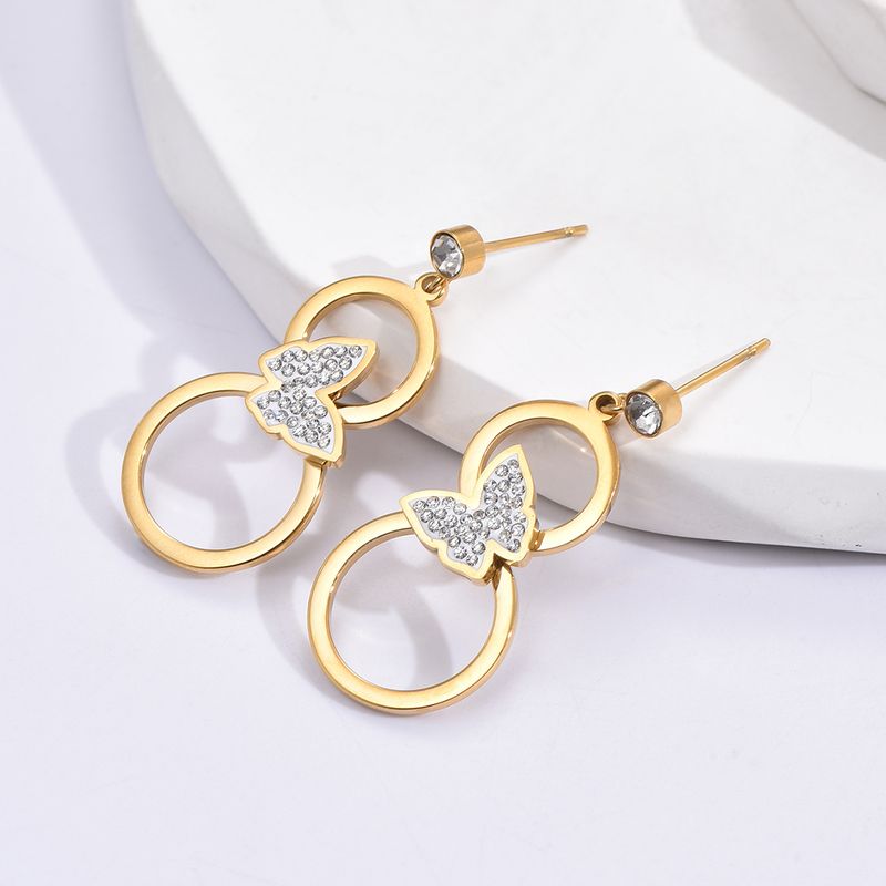 1 Pair Fashion Butterfly Hollow Out Inlay 304 Stainless Steel Rhinestones 14K Gold Plated Earrings