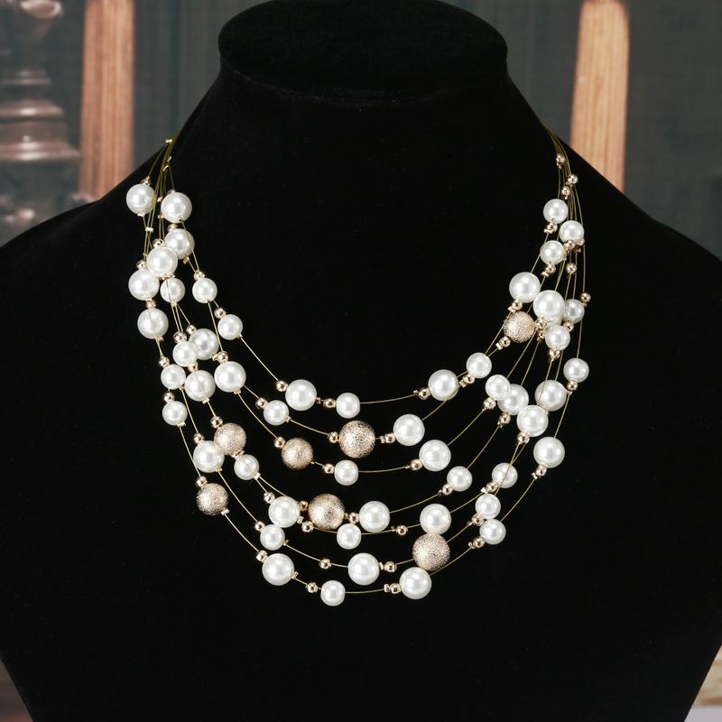 Elegant Round Alloy Beaded Pearl Layered Necklaces 1 Piece