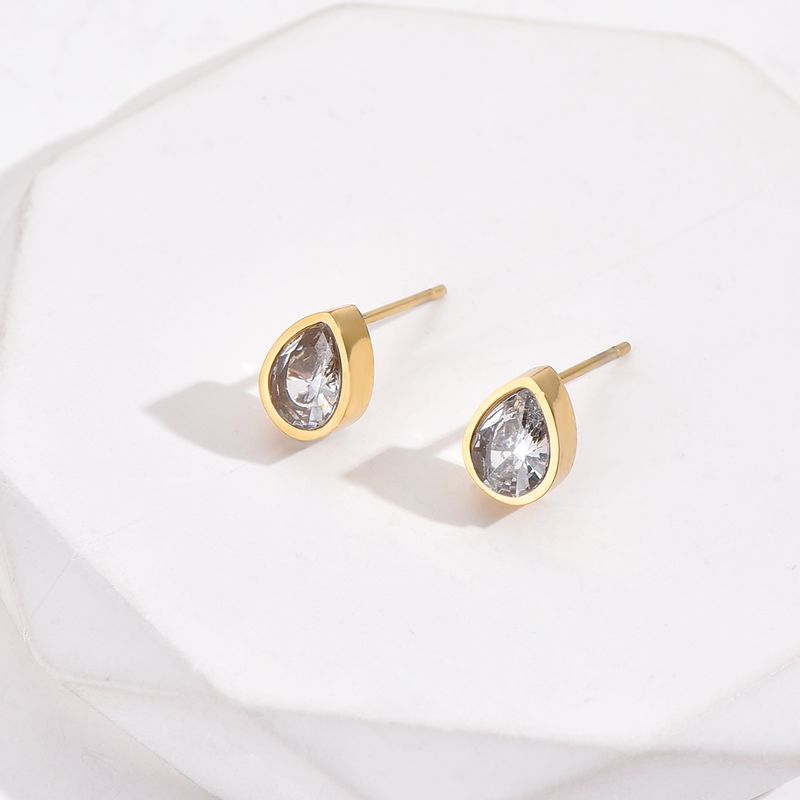 1 Pair Simple Style Water Droplets Plating Inlay 304 Stainless Steel Artificial Diamond 14K Gold Plated Ear Studs