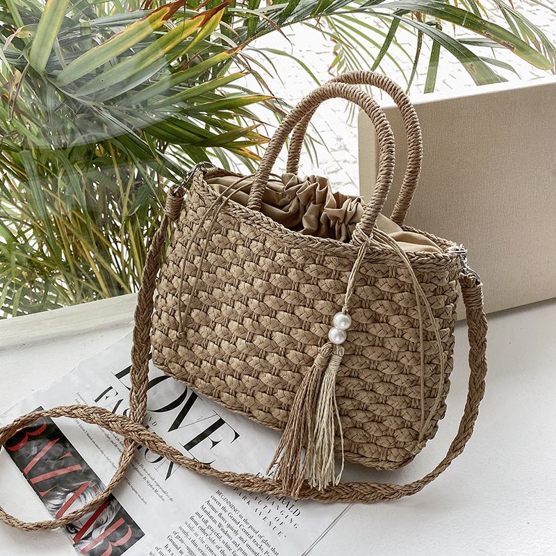 Straw Solid Color Basic Pearl Weave String Straw Bag