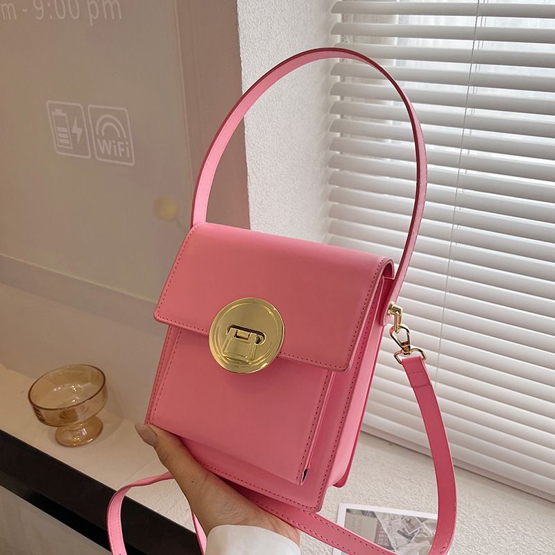 Small Artificial Leather Solid Color Fashion Soft Surface Square Buckle Crossbody Bag