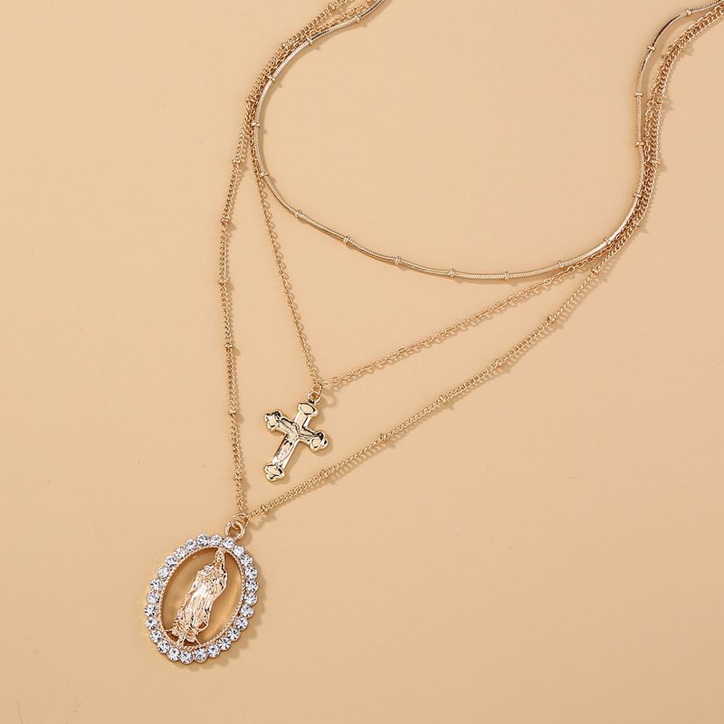 Fashion Retro Diamond-embedded Lady Cross Oval Pendant Multi-layer Alloy Necklace