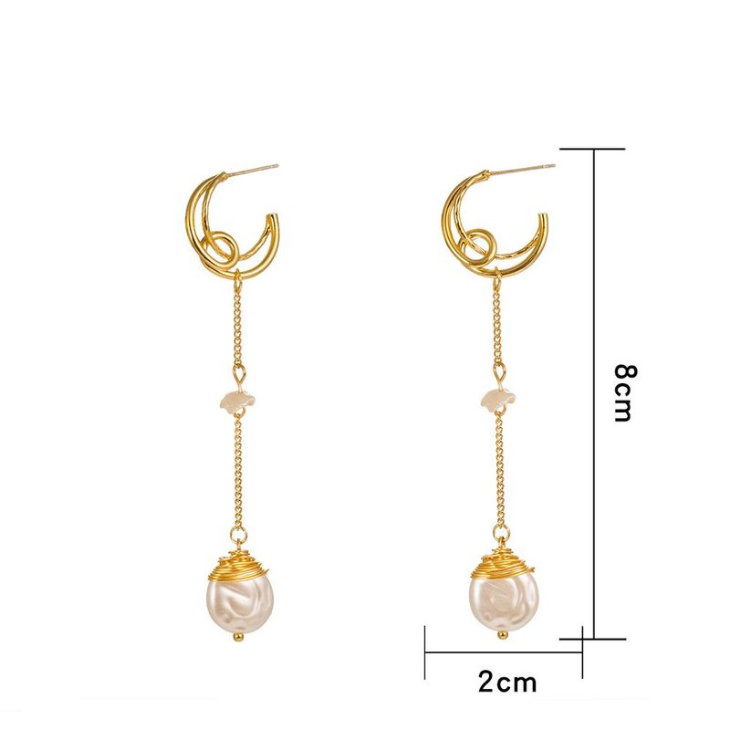 Fashion Creative Moon Ear Hook Long Natural Freshwater Pearl Alloy Earrings