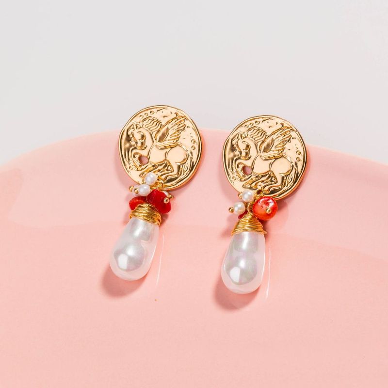 Ethnic Style Round Horse Alloy Inlaid Pearls Earrings 1 Pair