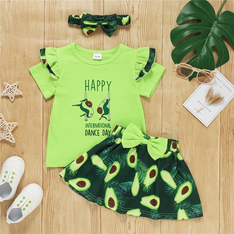 2022 New Avocado Letter Print Solid Color Short Sleeve And Avocado Print Skirt Suit