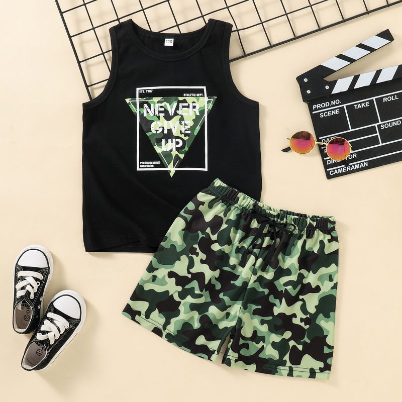 2-7 Years Old Boys Summer New Camouflage Letters Printed Sleeveless Top And Shorts Suit