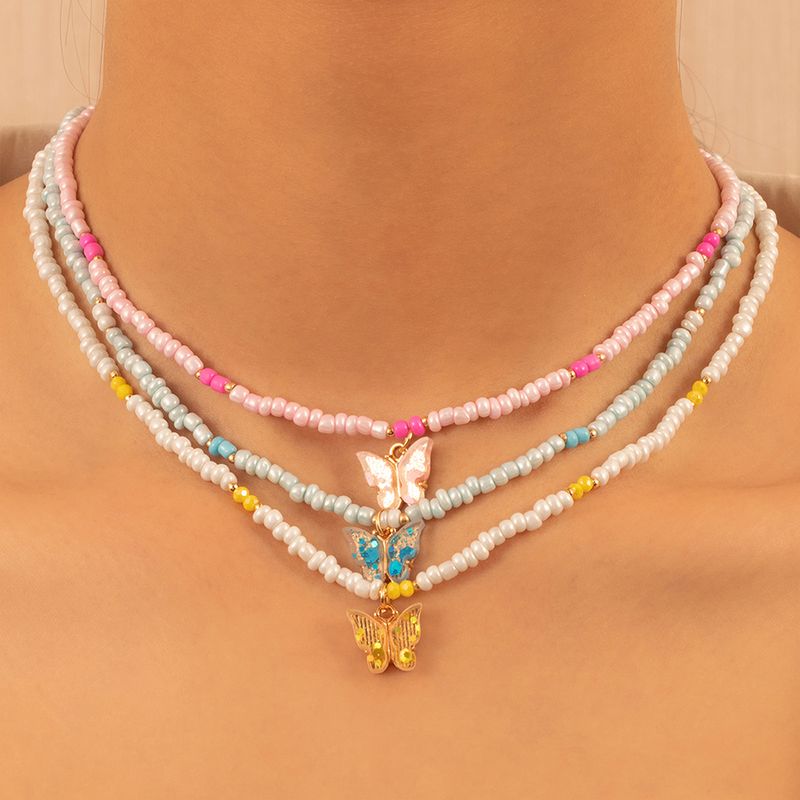 Cute Sweet Butterfly Glass Acrylic Beads Necklace