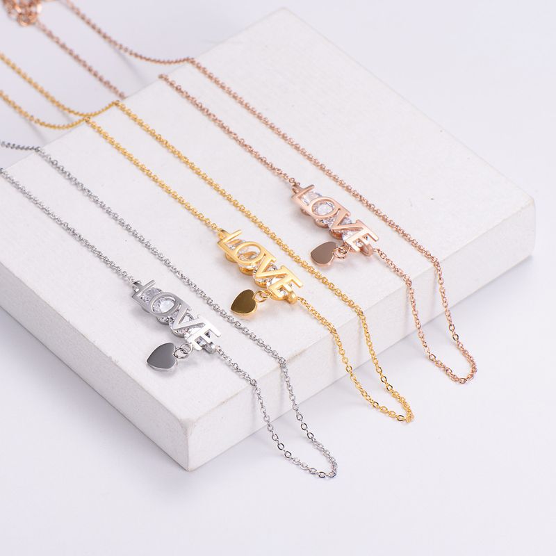 Women's Simple Style Letter Heart Shape Titanium Steel Rhinestone Pendant Necklace Inlay Stainless Steel Necklaces