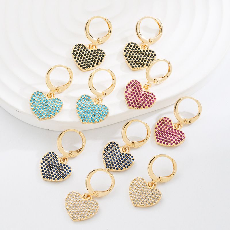 Fashion Copper-plated Gold Micro-inlaid Color Zircon Heart-shaped Earrings Ornament