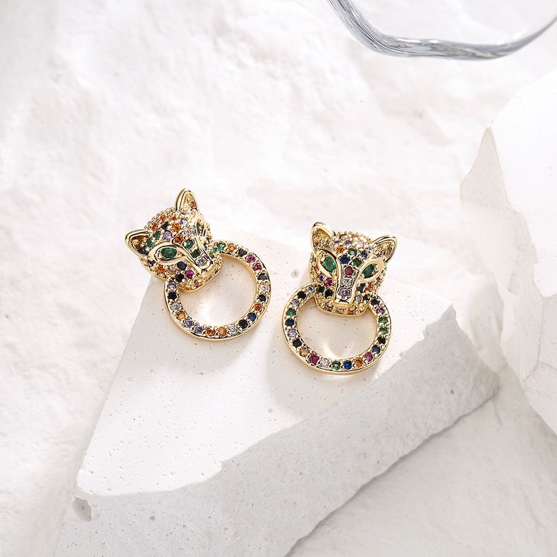 Boucles D'oreilles En Cuivre Zircon Incrusté Tête Léopard