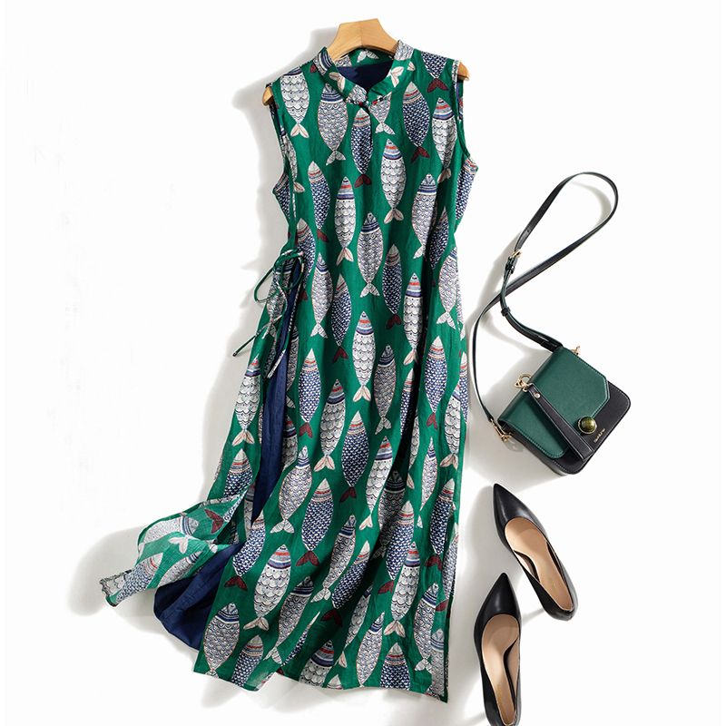 Casual Summer Cotton And Linen Sleeveless Fish Print Side Lace-up Loose Dress