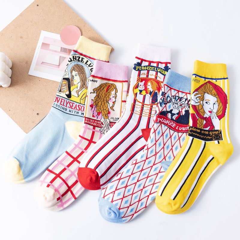 Cute Colorful Cartoon Free Size Women's Cotton Mid-calf Socks