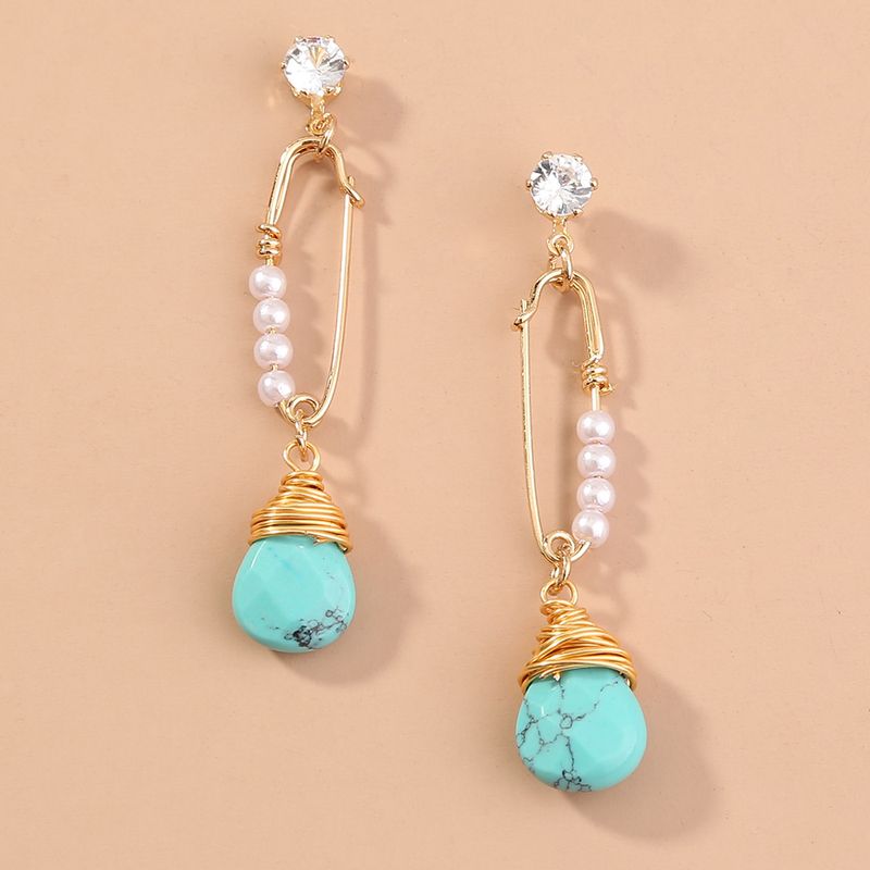 Vintage Style Water Droplets Alloy Inlay Artificial Pearl Turquoise Earrings 1 Piece