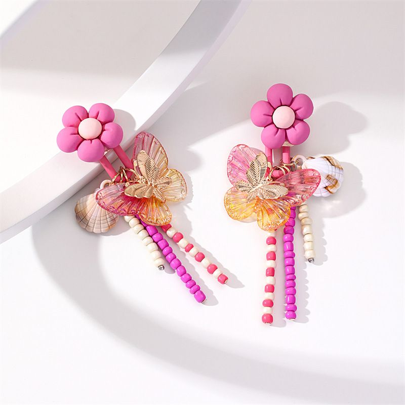 Flower Shell Butterfly Decor Beaded Tassels Exaggerated Earrings