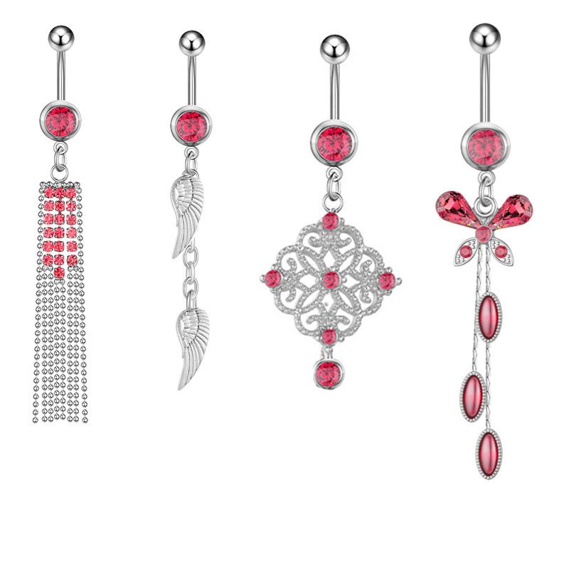 Pink Butterfly Tassel Feather Belly Ring Navel Stud 4 Pcs Set