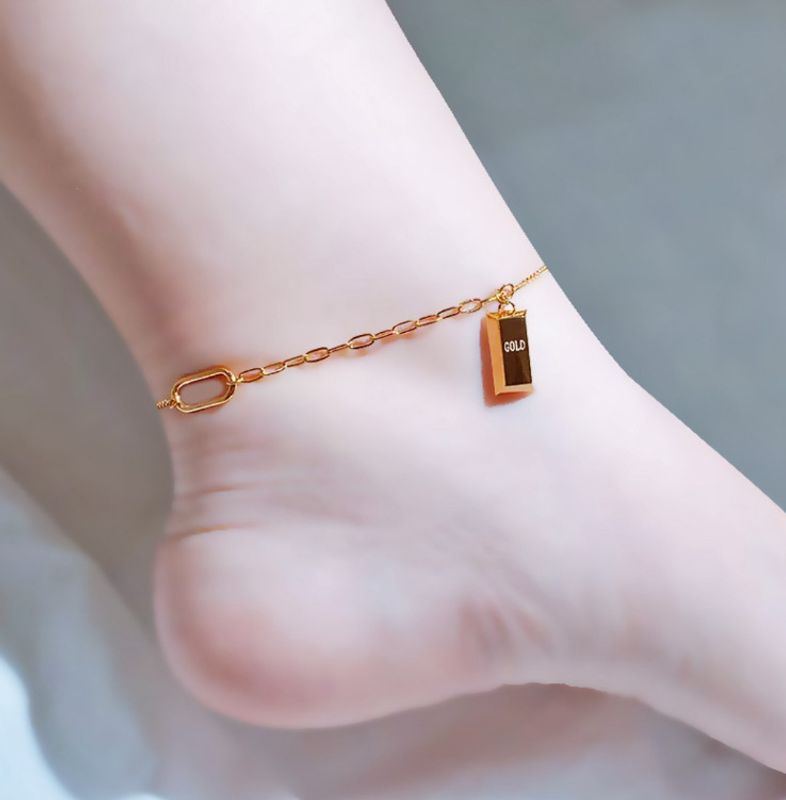 Simple New Style Titanium Steel 18k Gold Plated Square Pendant Anklet