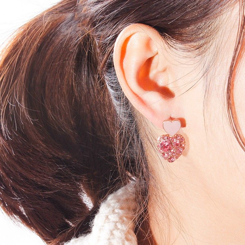 Moda Delicado Corazón En Forma De Diamante Completo Rosa Pendientes Mujeres