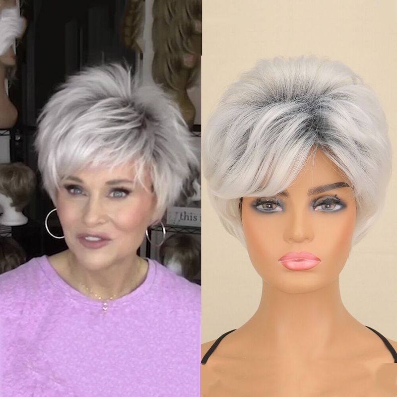 Moda Europea Y Americana De Comercio Exterior Para Mujer, Pelo Corto Blanco Plateado, Pelo Corto Rizado, Cara Lateral, Flequillo, Comercio Exterior, Peluca Cos