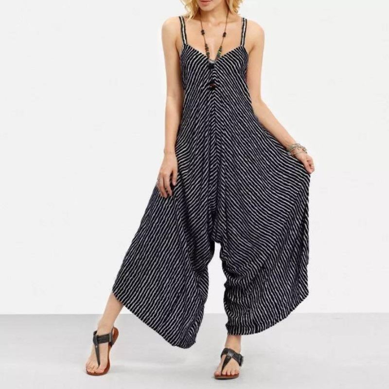 Casual Fashion Stripe Cotton Full Length Casual Pants Jumpsuits