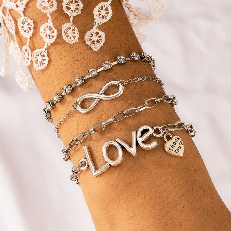 Retro Letter Heart Shape Alloy Plating Artificial Rhinestones Bangle