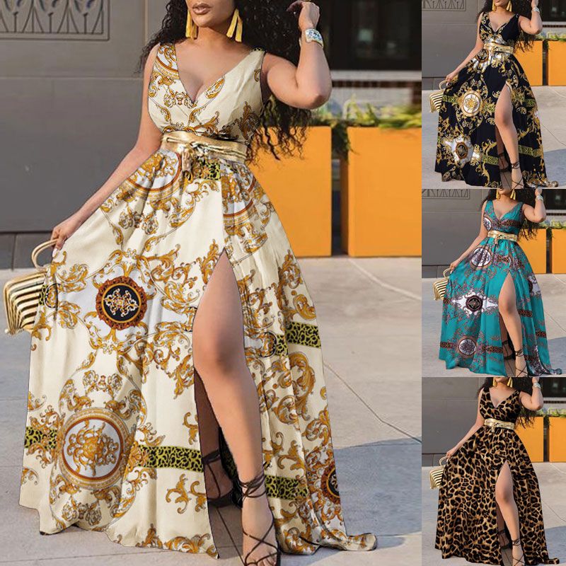 Frau Kleid Mit Schlitz Mode V-ausschnitt Oberschenkelschlitz Ärmellos Geometrisch Farbblock Maxi Langes Kleid Ferien