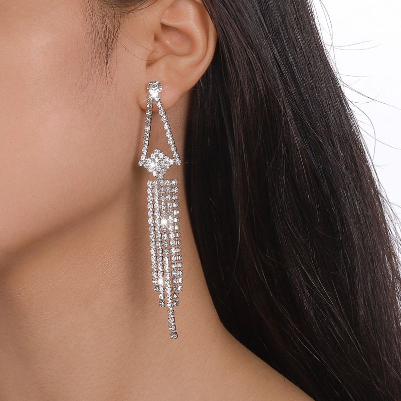 Fashion Geometric Metal Tassel Rhinestone Drop Earrings
