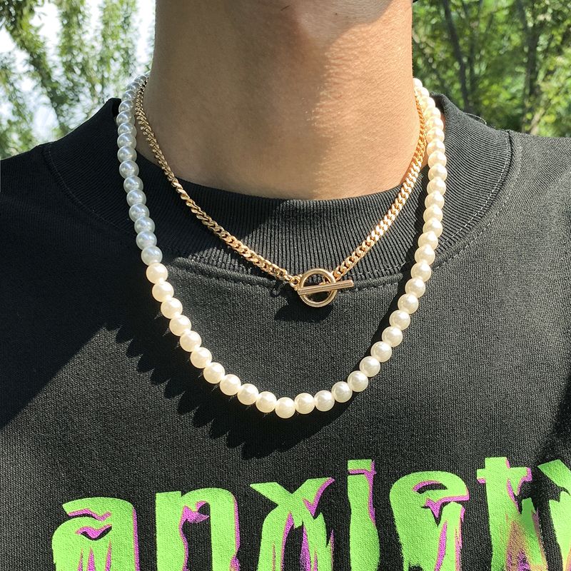Fashion Geometric Imitation Pearl Iron Chain Men'S Necklace