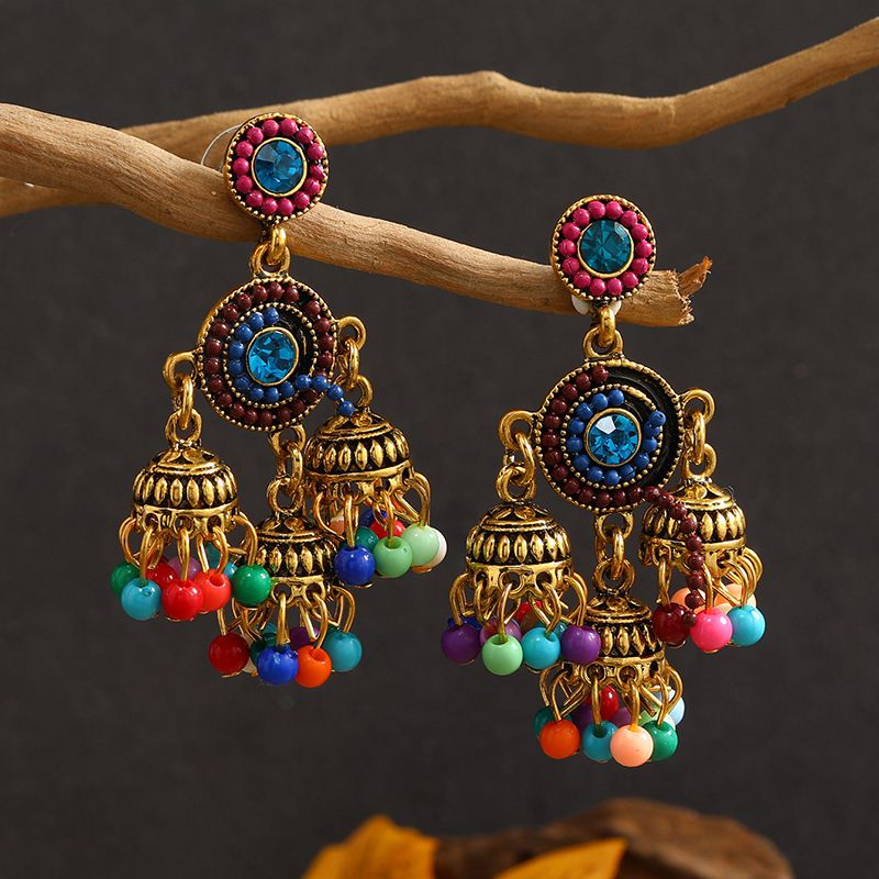 Ethnic Style Colorful Beaded Alloy Tassel Drop Earrings