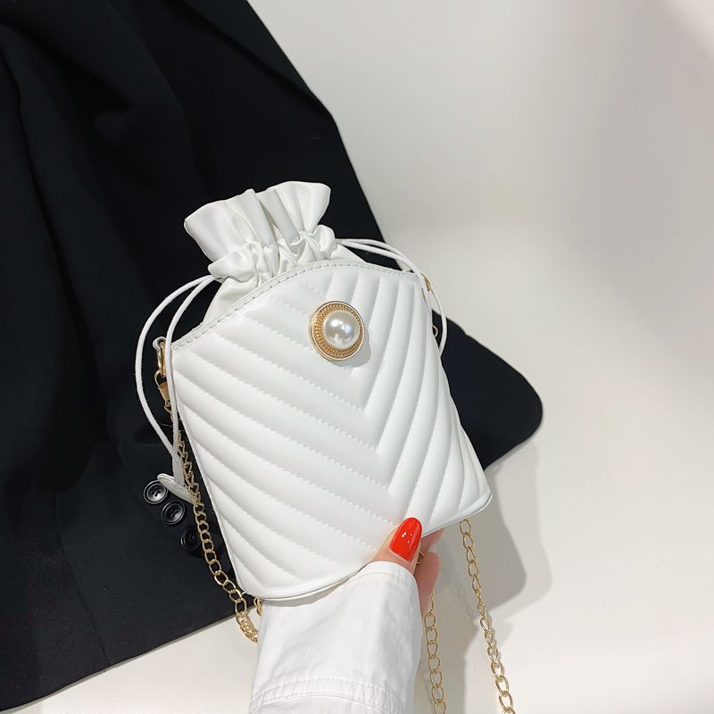 Fashion Stripe Pearl Quilted Cylindrical String Shoulder Bag