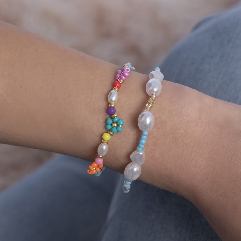 Vacation Flower Imitation Pearl Bead Beaded Bracelets 1 Set