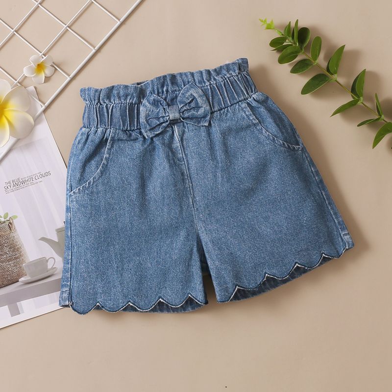Simple Style Solid Color Spandex Polyester Bow Front Lettuce Trim Jeans Baby Clothes