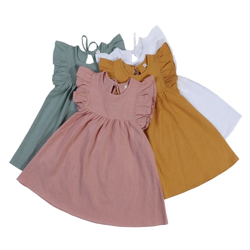 Süß Einfarbig Baumwolle Und Leinen Rüschen Falten Normales Kleid Knielang Baby Kleidung