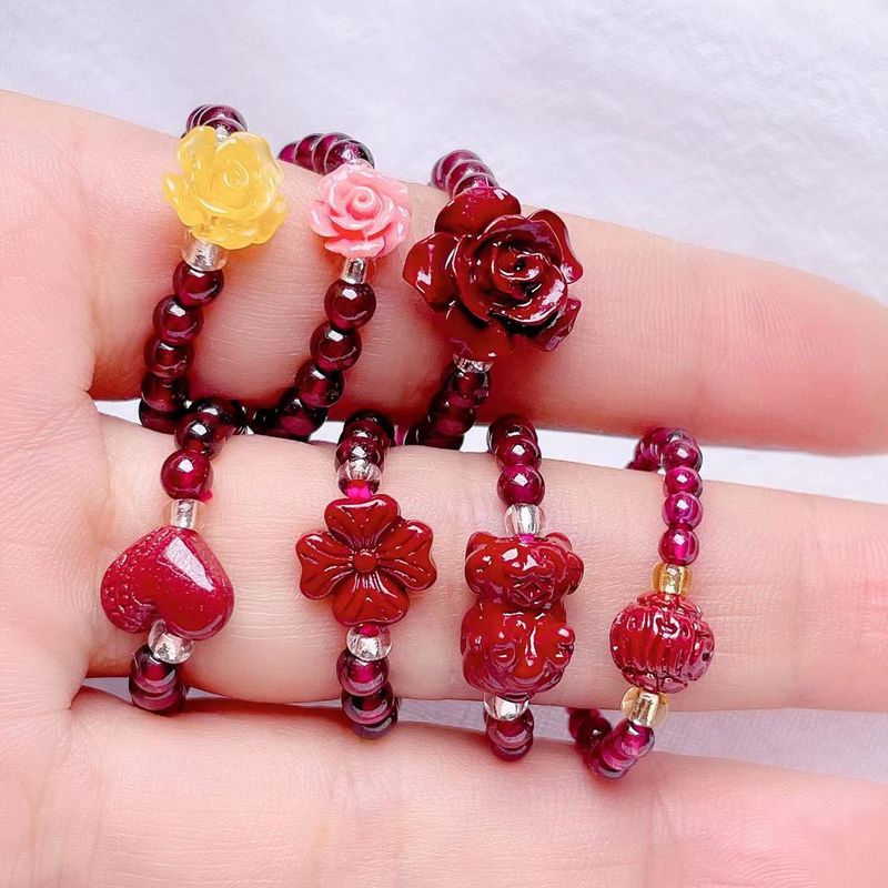 Ethnic Style Heart Shape Flower Artificial Gemstones Beaded Rings