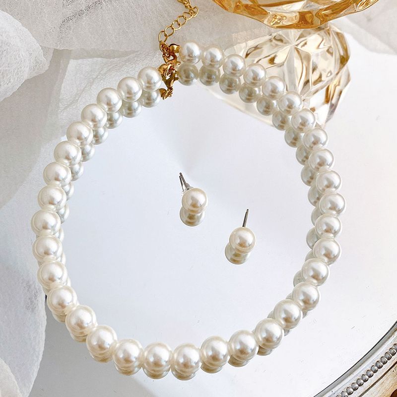 Classic Style Geometric Imitation Pearl Beaded Necklace 2 Piece Set