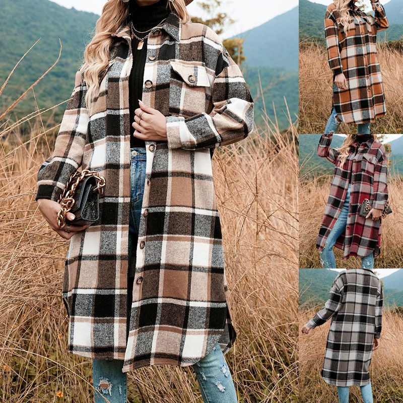 Women's Casual Plaid Pocket Button Single Breasted Coat Coat