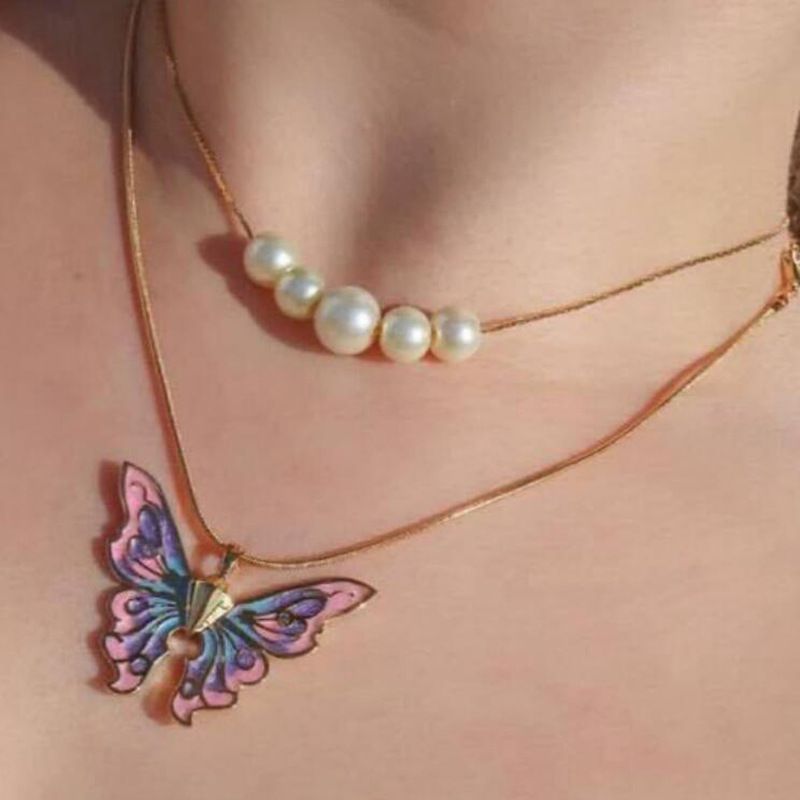 Mode Papillon Alliage Placage Perles Artificielles Collier