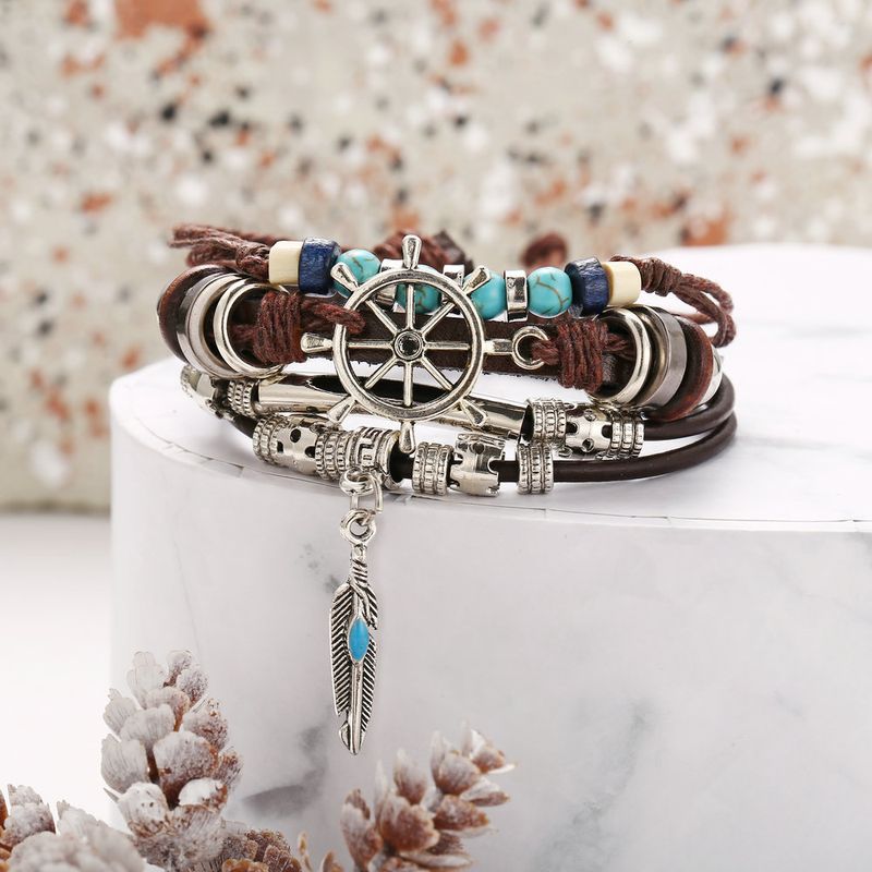 Casual Feather Rudder Pu Leather Alloy Wood Plating Metal Bracelets
