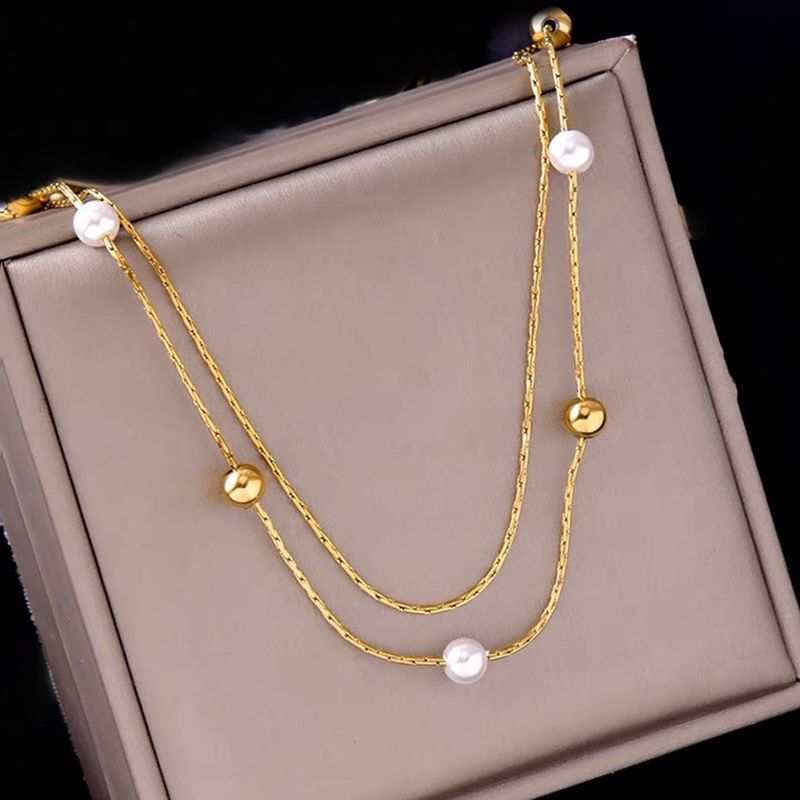 Stainless Steel 18K Gold Plated Simple Style Gold Plated Geometric Pearl Layered Necklaces