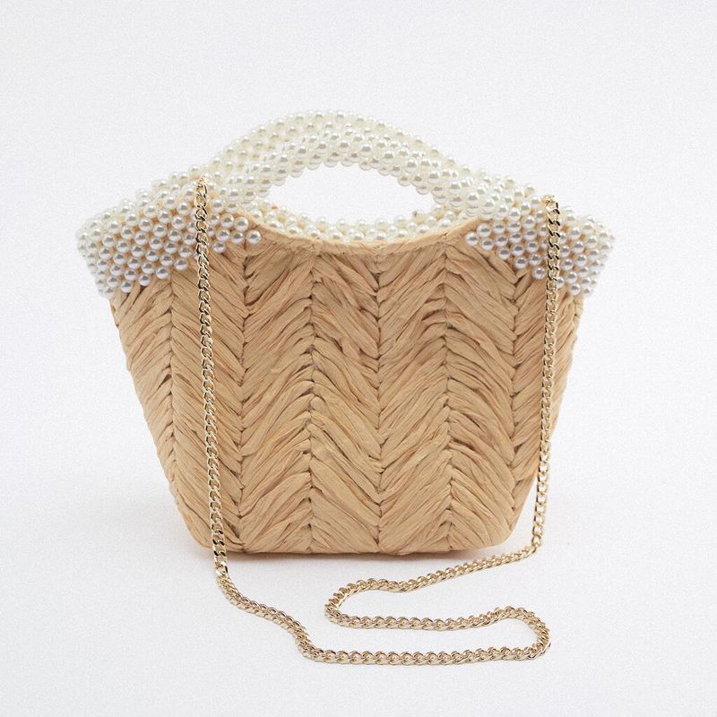 Fashion Solid Color Pearl Bucket Magnetic Buckle Straw Bag