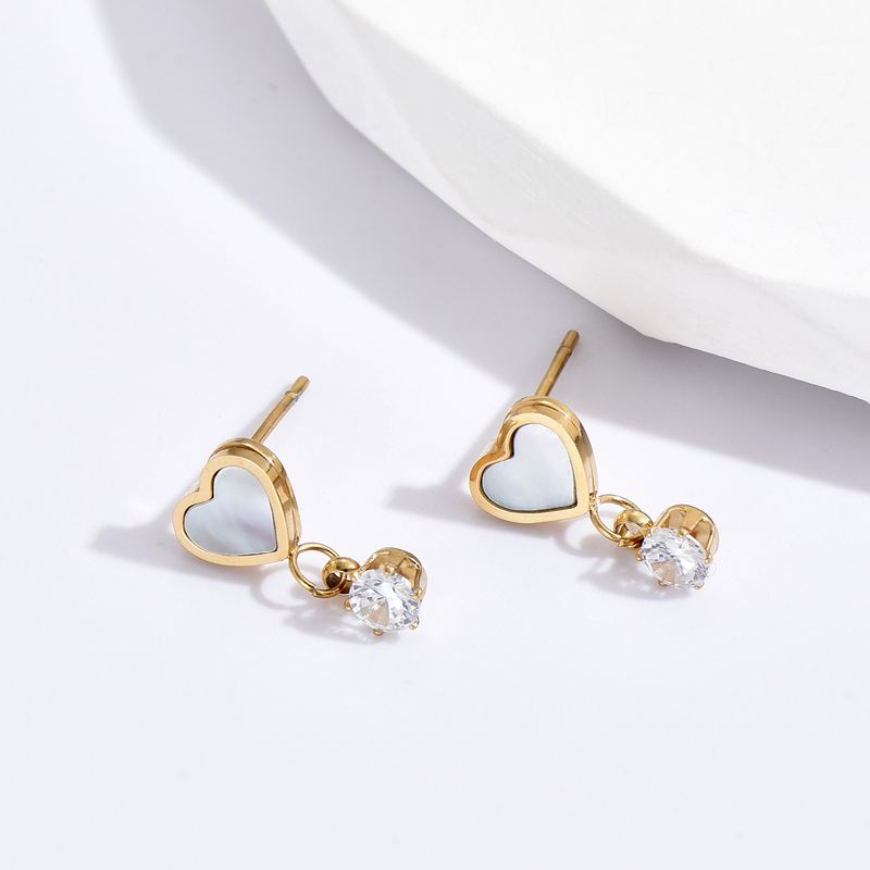 1 Pair Sweet Heart Shape Inlay 304 Stainless Steel Zircon 14K Gold Plated Earrings