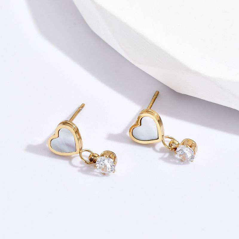 1 Paire Sucré Forme De Cœur Incruster Acier Inoxydable 304 Zircon Plaqué Or 14K Des Boucles D'Oreilles