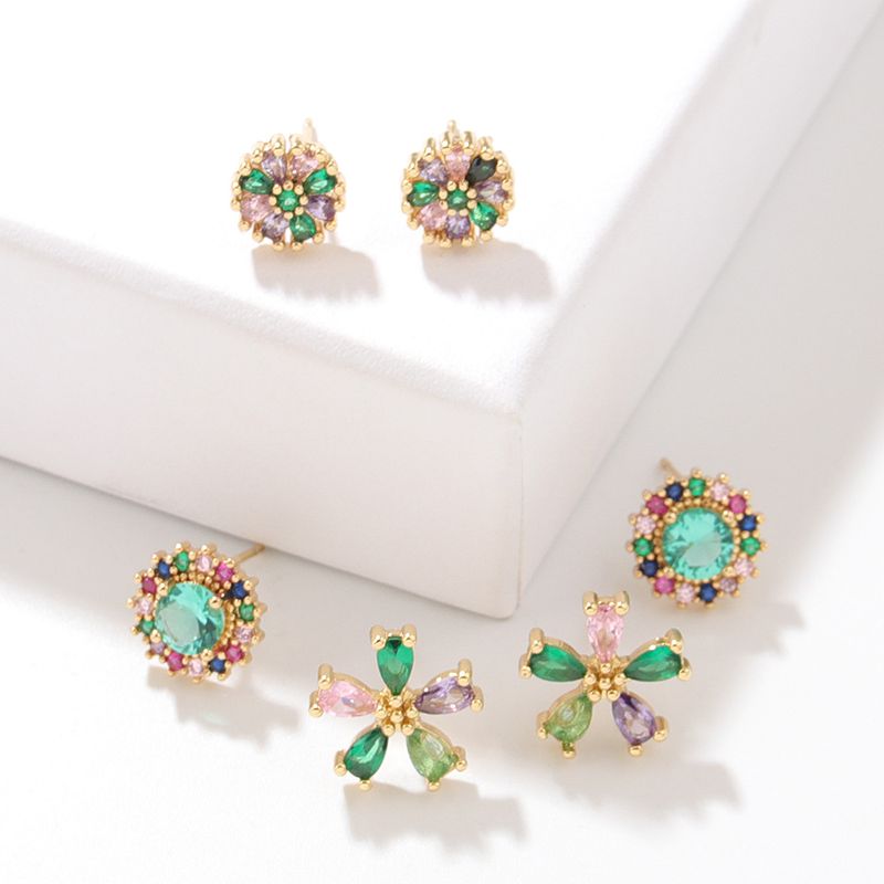 Simple Style Flower Copper Ear Studs Plating Inlay Zircon Copper Earrings