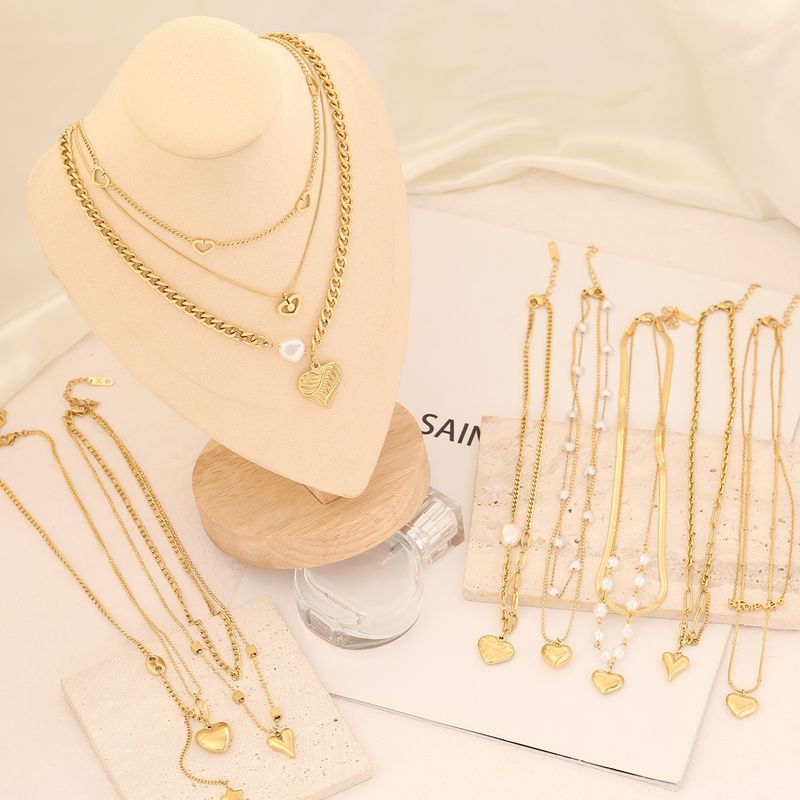 Stainless Steel 18K Gold Plated Fashion Gold Plated Heart Shape Pearl Layered Necklaces