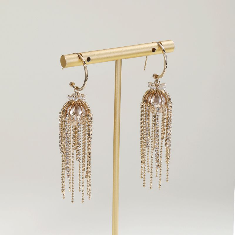 Luxurious Tassel Copper Earrings Inlay Artificial Pearl Rhinestone Copper Earrings