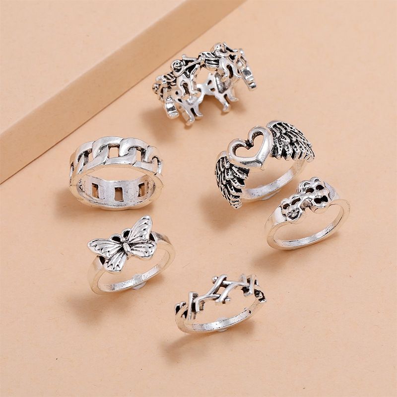 Fashion Heart Shape Butterfly Alloy Rings 6 Pieces